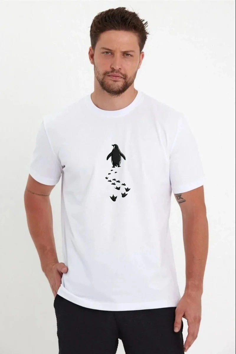 Erkek T-Shirt Nihilist Penguen Baskılı Bisiklet Yaka Kısa kol yazlık Tişört – Beyaz