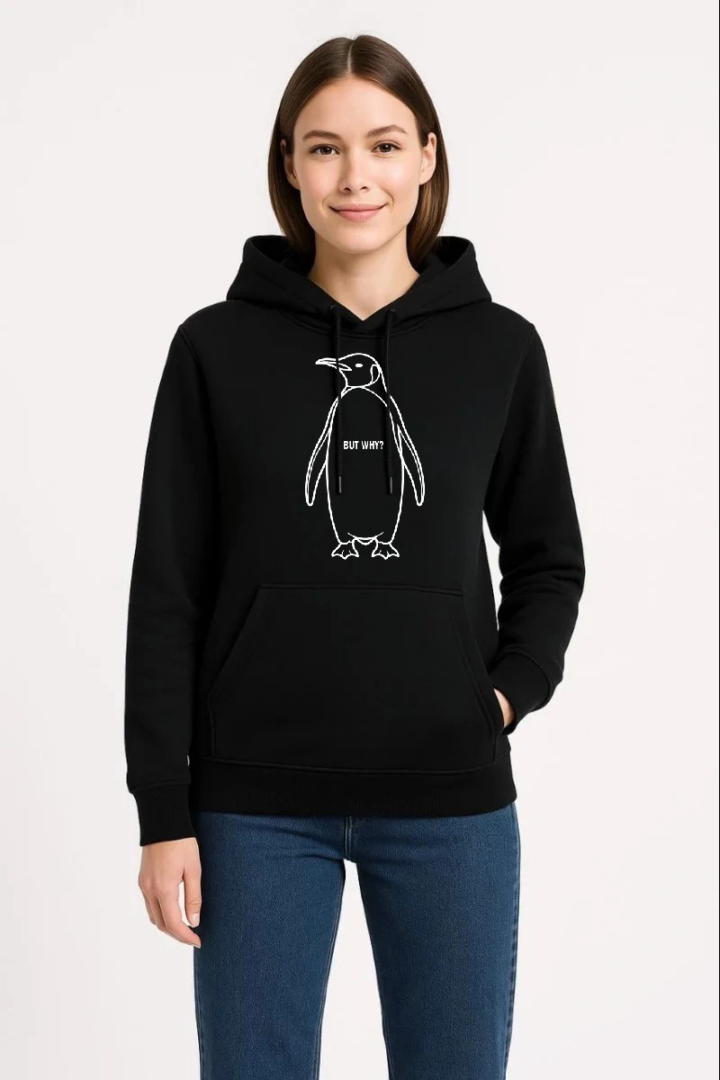 Kadın 3 İplik Pamuklu Kapüşonlu Hoodie Sweatshirt Nihilist Penguen Baskılı – Siyah