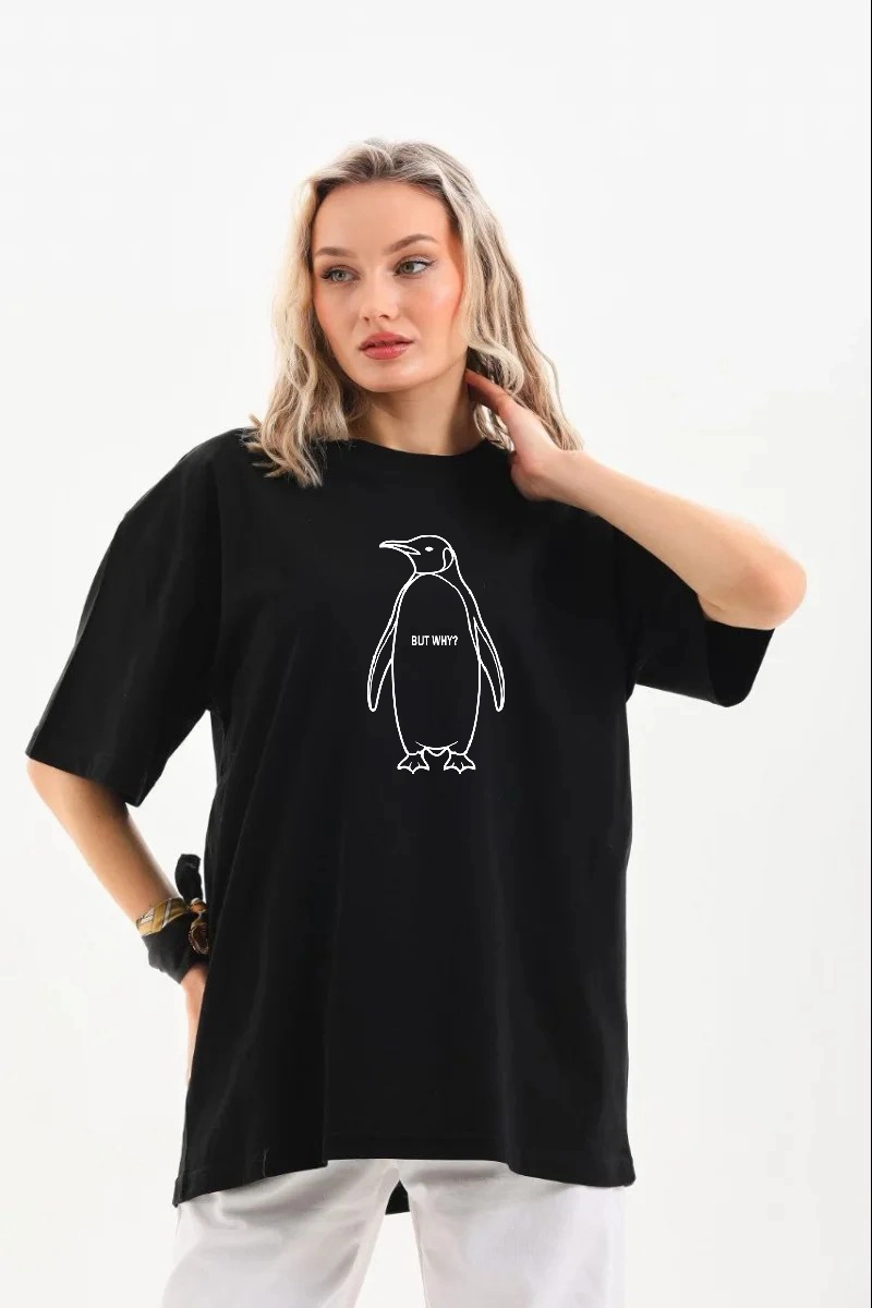 Kadın T-Shirt Nihilist Penguen Baskılı Bisiklet Yaka Kısa kol yazlık Tişört – Siyah