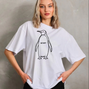 Kadın T-Shirt Nihilist Penguen Baskılı Bisiklet Yaka Kısa kol yazlık Tişört – Beyaz