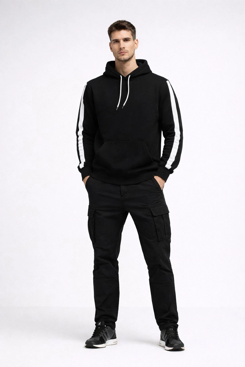 Erkek Şeritli Kapüşonlu Sweatshirt Oversize 3 iplik Pamuklu Hoodie – Siyah