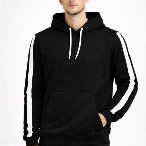 Erkek Şeritli Kapüşonlu Sweatshirt Oversize 3 iplik Pamuklu Hoodie – Siyah