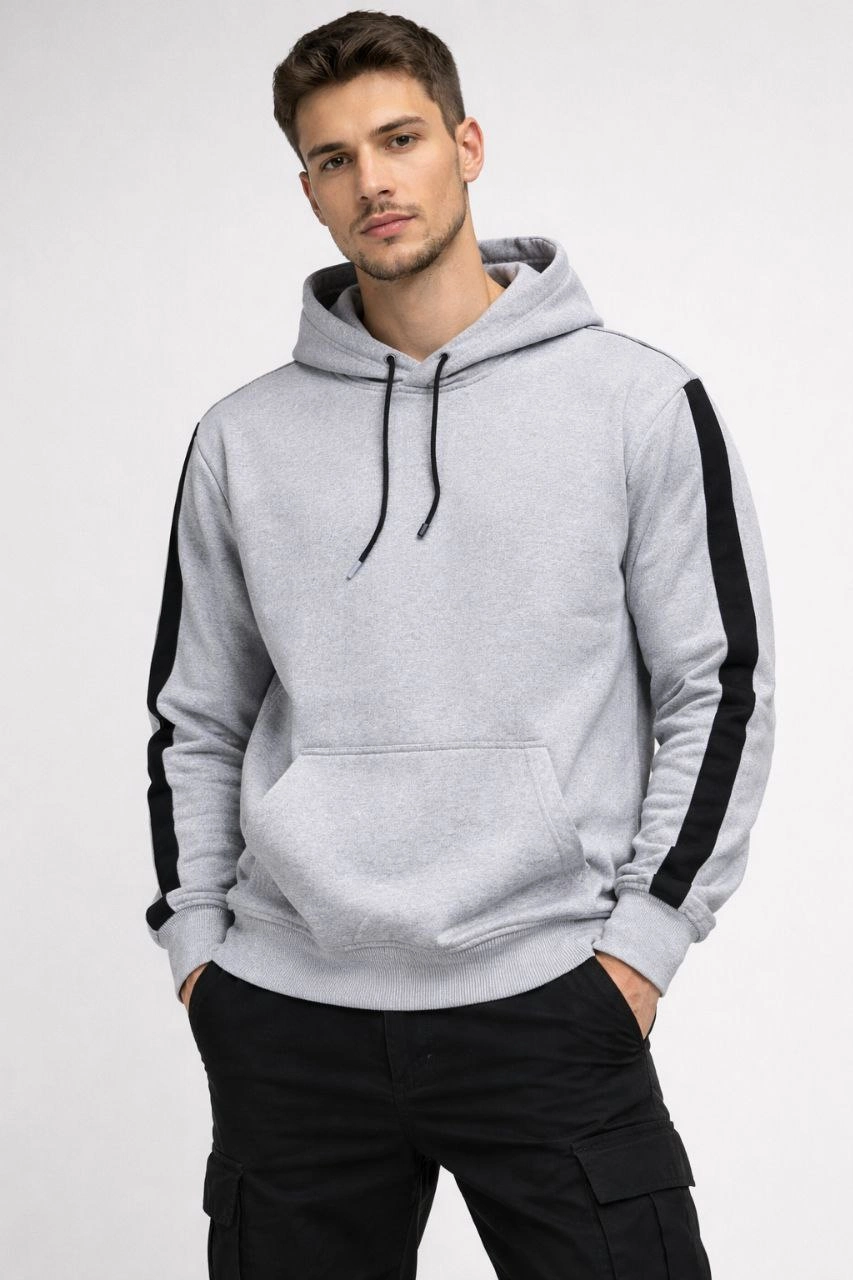 Erkek Şeritli Kapüşonlu Oversize Sweatshirt 3 iplik Pamuklu hoodie – Beyaz