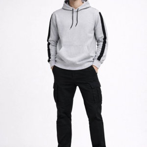 Erkek Şeritli Kapüşonlu Oversize Sweatshirt 3 iplik Pamuklu hoodie – Beyaz