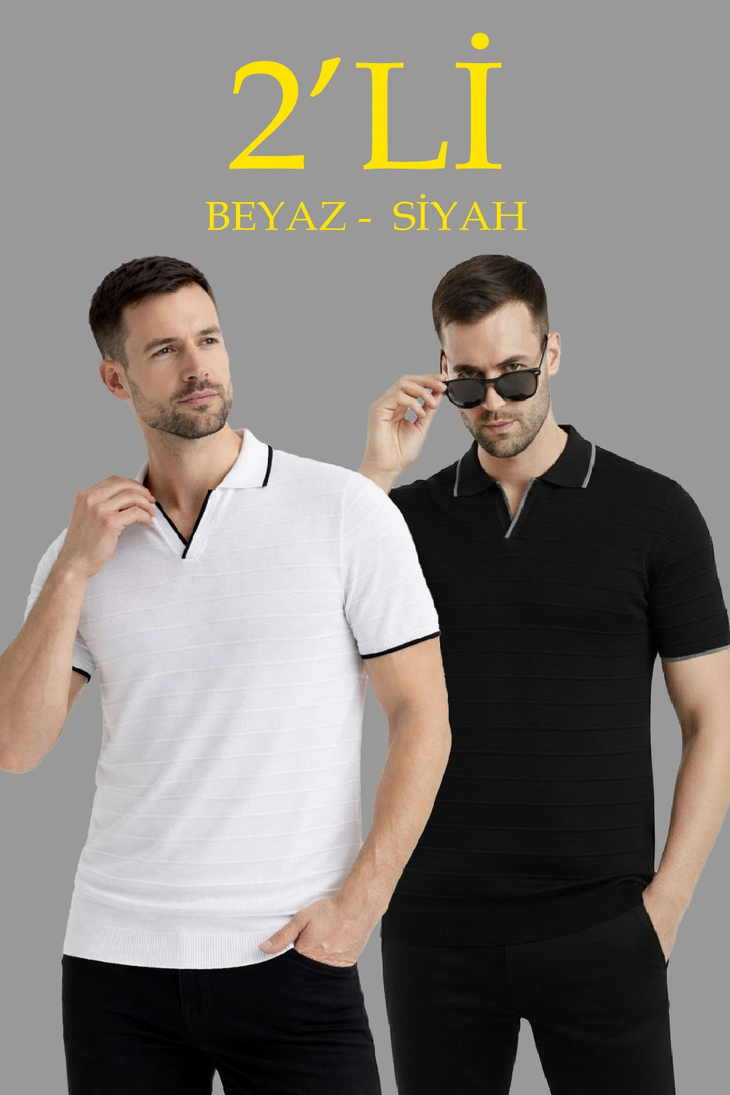 Erkek Kısa kol Fitilli Triko Polo Yaka Düğmesiz T-shirt 2’li Set Beyaz-Siyah