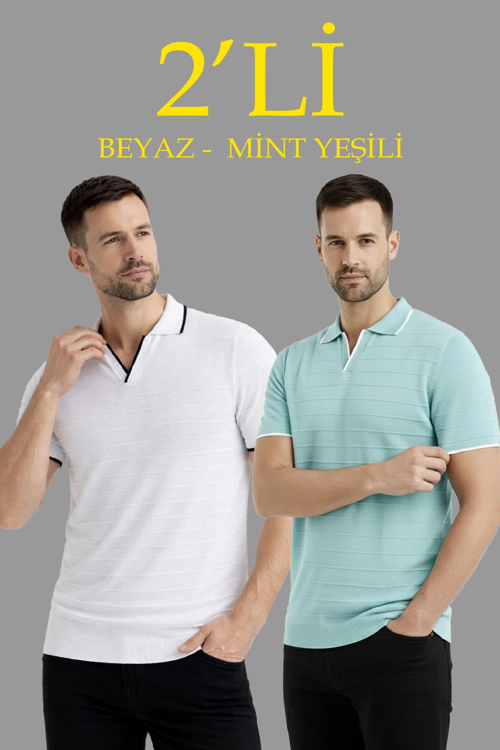 Erkek Kısa kol Fitilli Triko Polo Yaka Düğmesiz T-shirt 2’li Set Beyaz-Mint Yeşili