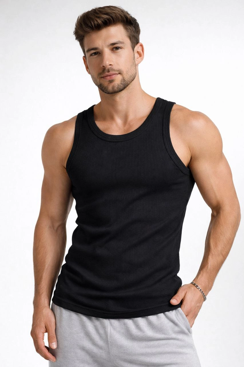 Erkek Fitilli Atlet Sıfır Yaka Slim Fit Arka Baskılı Spor Atlet – Siyah