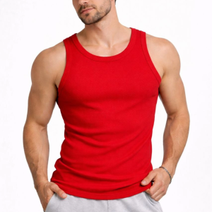 Erkek Fitilli Atlet Sıfır Yaka Slim Fit Arka Baskılı Spor Atlet – Kırmızı