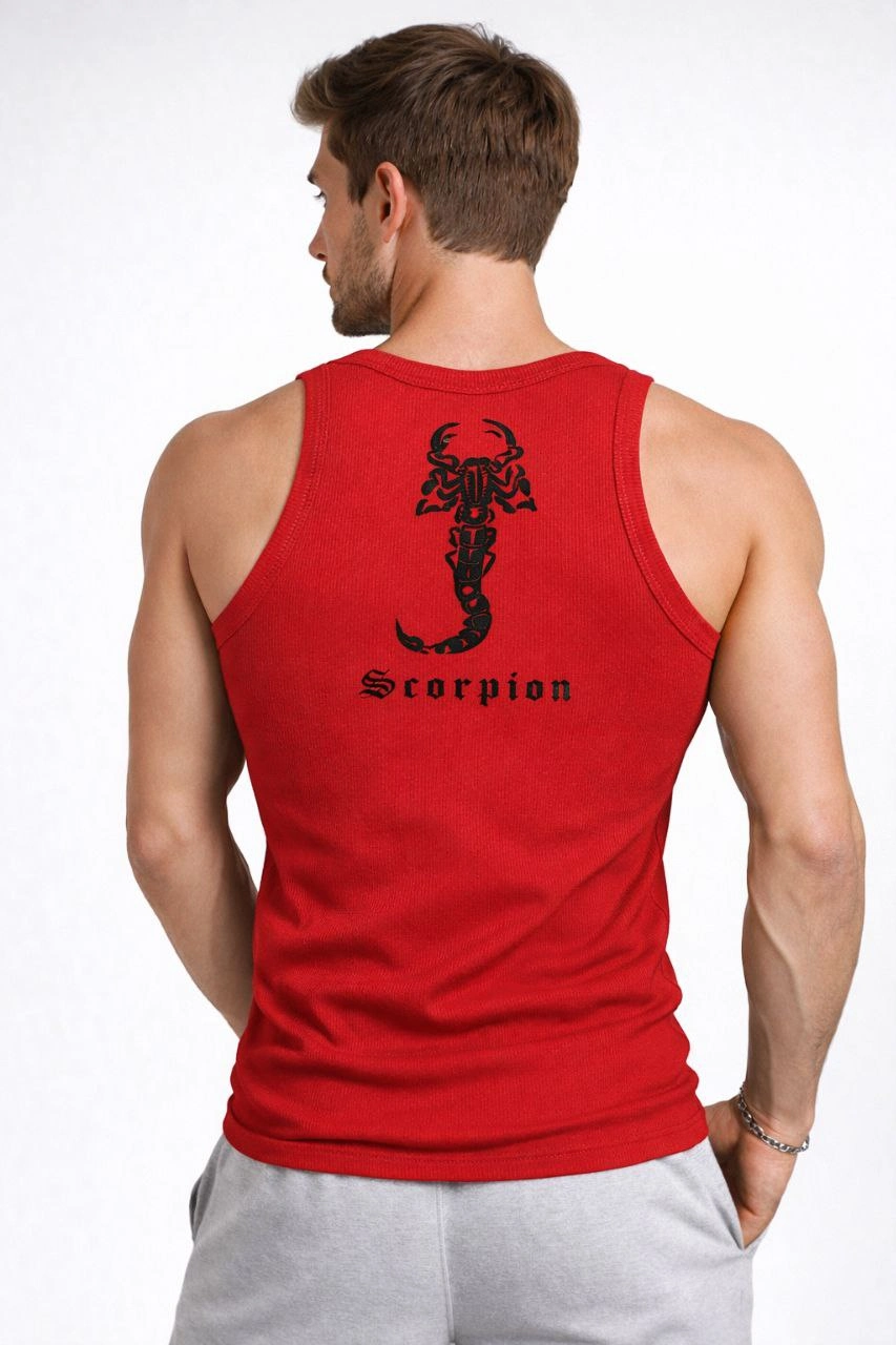 Erkek Fitilli Atlet Sıfır Yaka Slim Fit Arka Baskılı Spor Atlet – Kırmızı