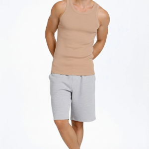 Erkek Fitilli Atlet Sıfır Yaka Slim Fit Arka Baskılı Spor Atlet – Bej