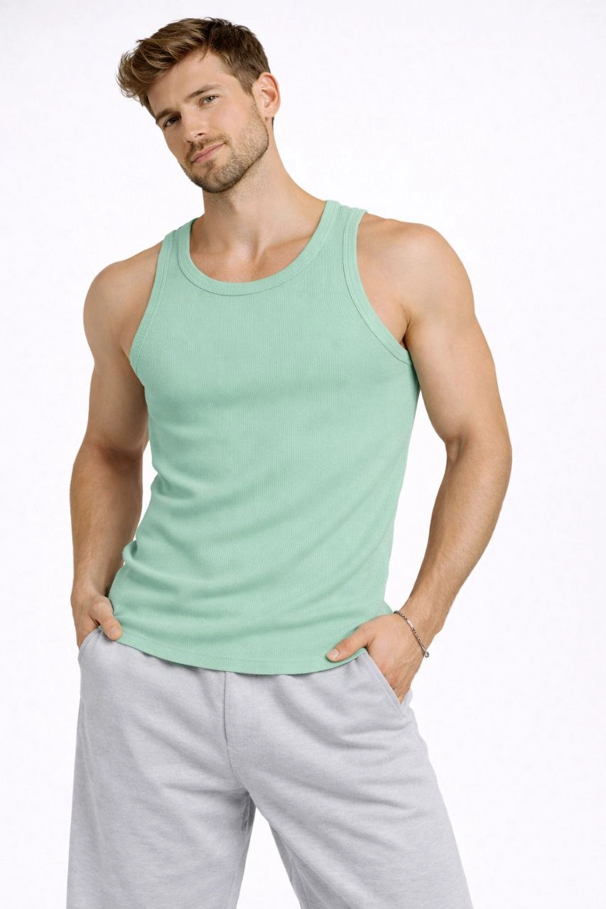 Erkek Fitilli Atlet Sıfır Yaka Slim Fit Arka Baskılı Spor Atlet – Mint Yeşili