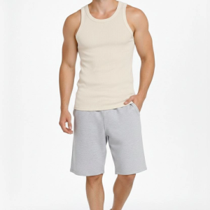 Erkek Fitilli Atlet Sıfır Yaka Slim Fit Arka Baskılı Spor Atlet – Krem