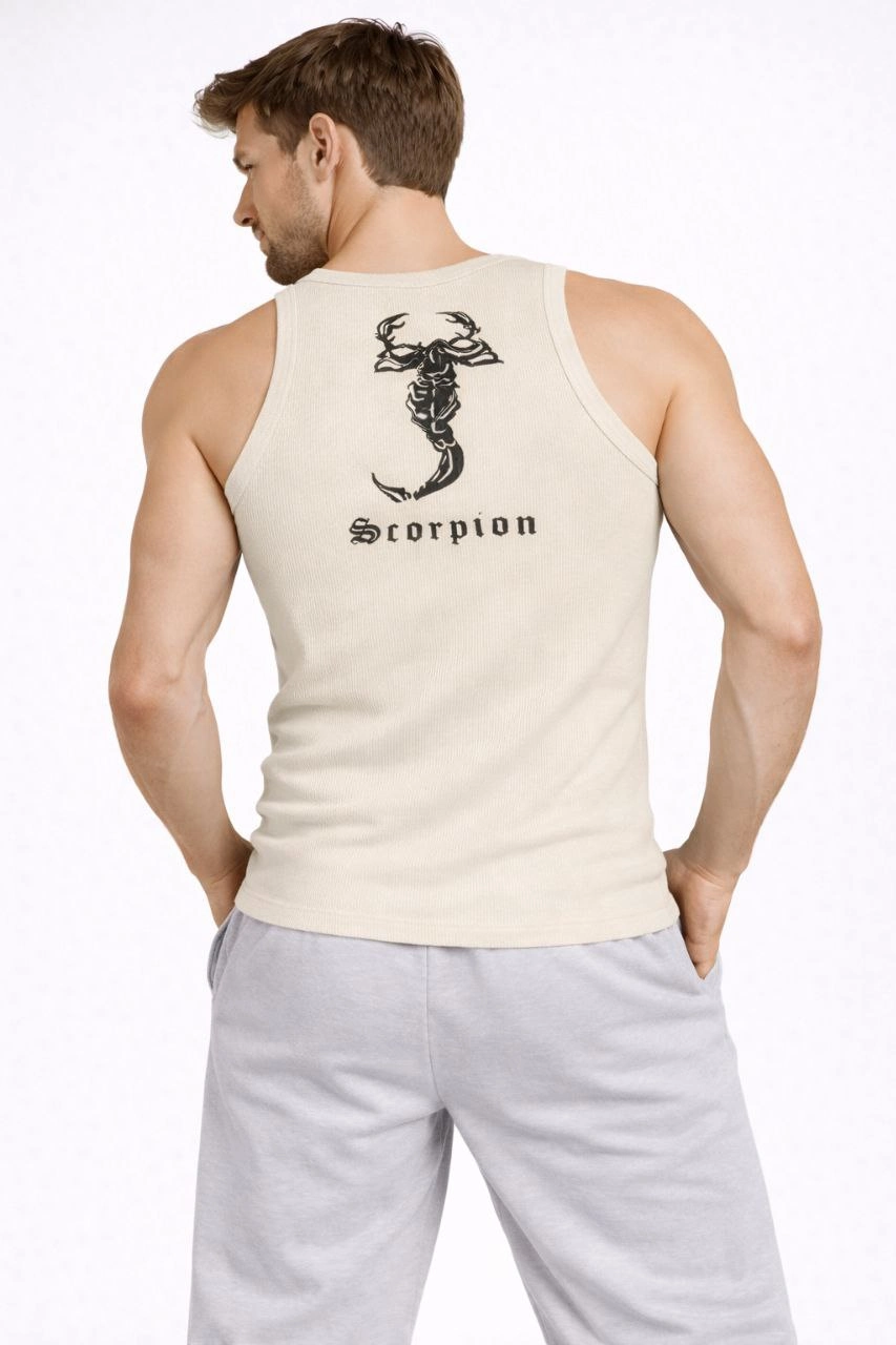 Erkek Fitilli Atlet Sıfır Yaka Slim Fit Arka Baskılı Spor Atlet – Krem