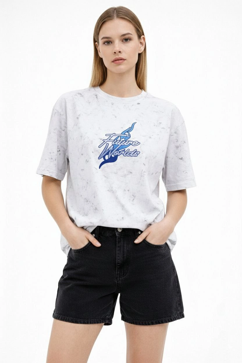 Kadın Asit Yıkamalı Oversize Tişört Bisiklet Yaka Kısa Kol T-shirt – Beyaz