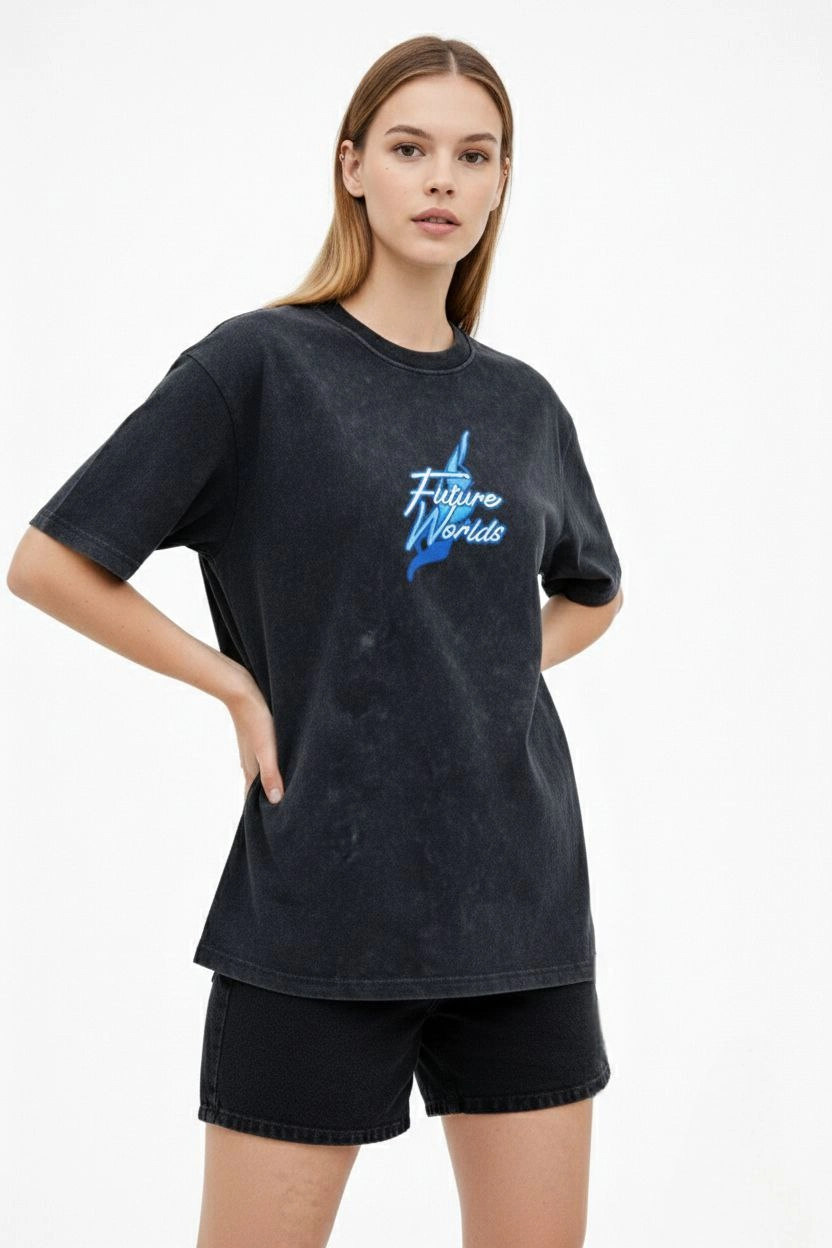 Kadın Asit Yıkamalı Oversize Tişört Bisiklet Yaka Kısa Kol T-shirt – Siyah