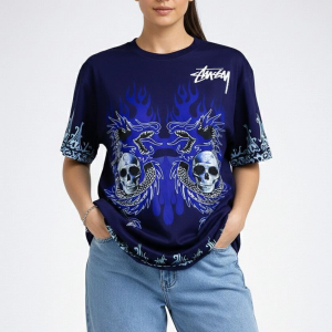 Kadın Oversize Tişört Dragon & Kuru Kafa Baskılı Bisiklet Yaka T-Shirt – Lacivert