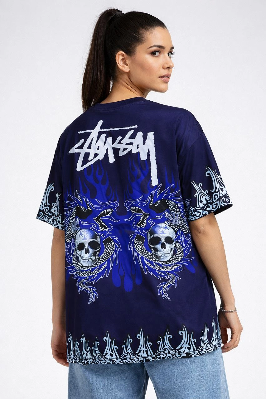 Kadın Oversize Tişört Dragon & Kuru Kafa Baskılı Bisiklet Yaka T-Shirt – Lacivert