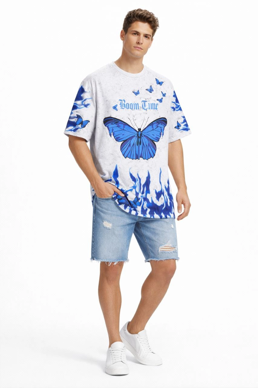Erkek Asit Yıkamalı Oversize Tişört Bisiklet Yaka Kısa Kol T-shirt – Beyaz