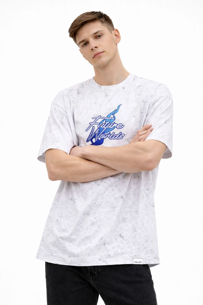 Erkek Asit Yıkamalı Oversize Tişört Bisiklet Yaka Kısa Kol T-shirt – Beyaz