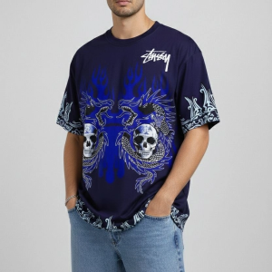 Erkek Oversize Tişört Dragon Kuru Kafa Baskılı Bisiklet Yaka T-Shirt – Lacivert