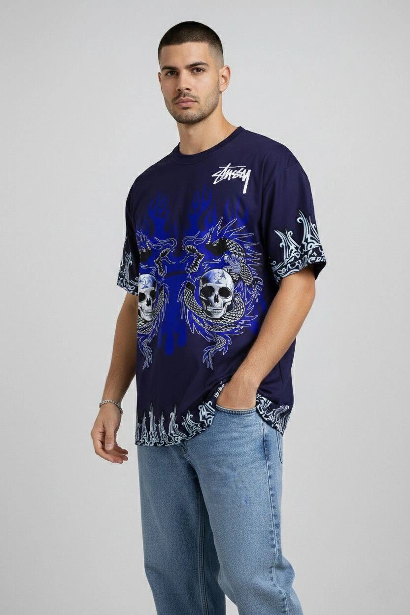 Erkek Oversize Tişört Dragon Kuru Kafa Baskılı Bisiklet Yaka T-Shirt – Lacivert
