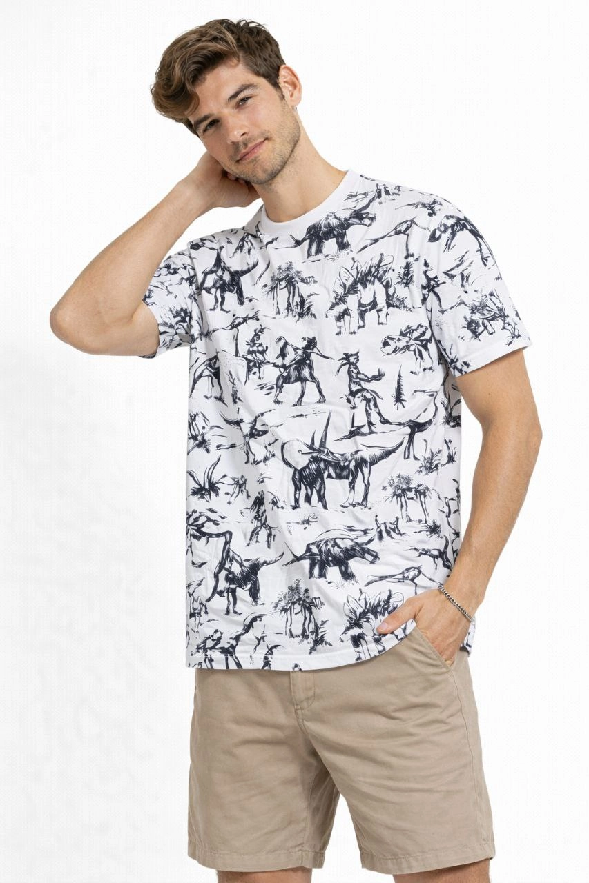 Erkek Dinozor Dijıtal ön ve arka Baskılı Tişört Bisiklet Yaka T-Shirt – Beyaz