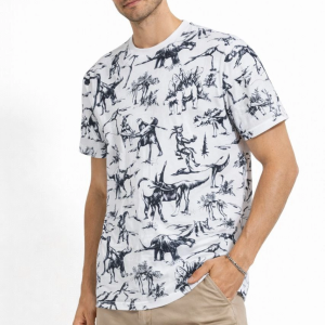 Erkek Dinozor Dijıtal ön ve arka Baskılı Tişört Bisiklet Yaka T-Shirt – Beyaz