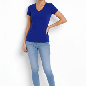 Kadın T-Shirt V Yaka Slim Fit Likralı Tişört Yazlık Basic Body – İndigo