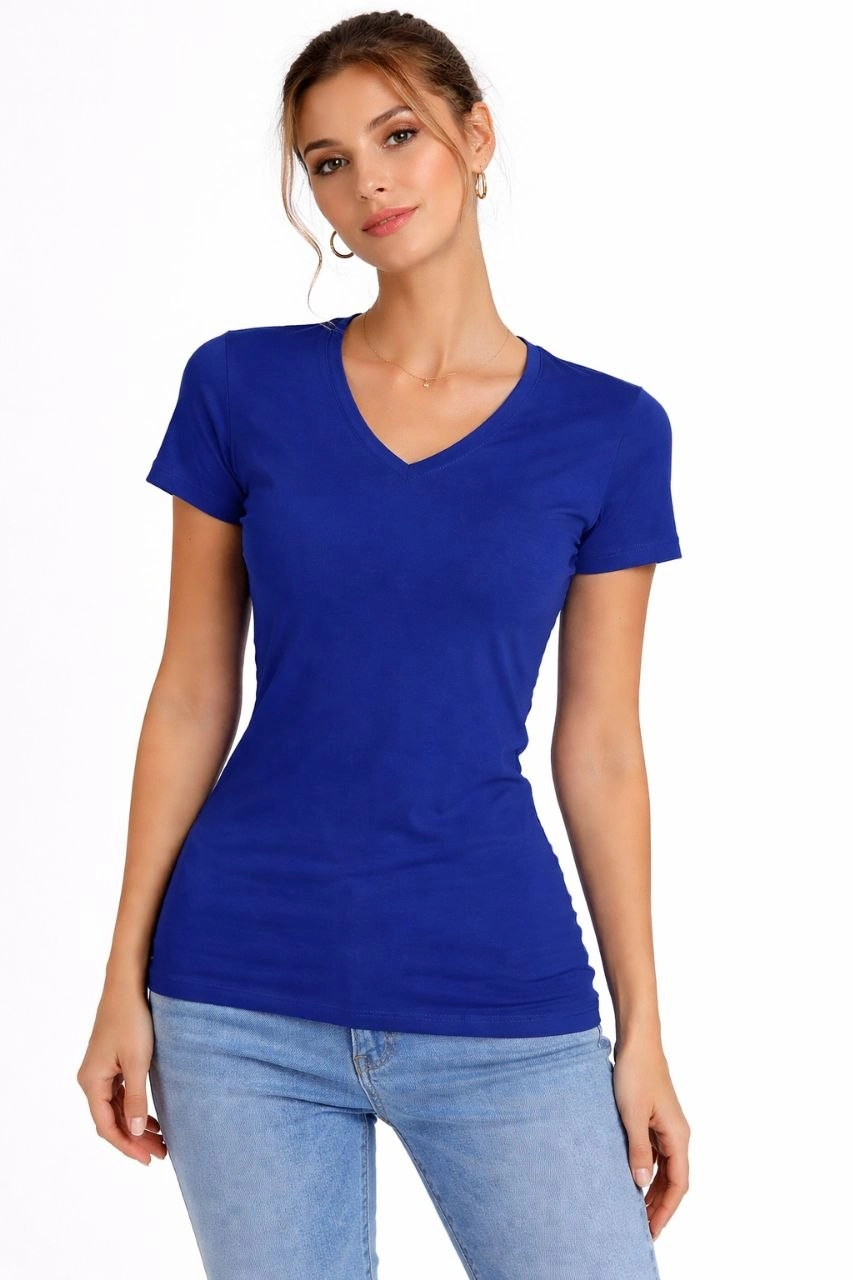 Kadın T-Shirt V Yaka Slim Fit Likralı Tişört Yazlık Basic Body – İndigo