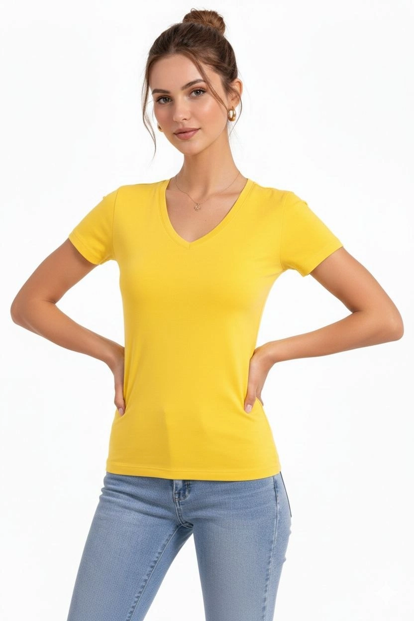 Kadın T-Shirt V Yaka Slim Fit Likralı Tişört Yazlık Basic Body – Sarı