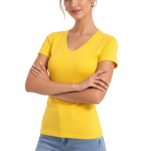 Kadın T-Shirt V Yaka Slim Fit Likralı Tişört Yazlık Basic Body – Sarı