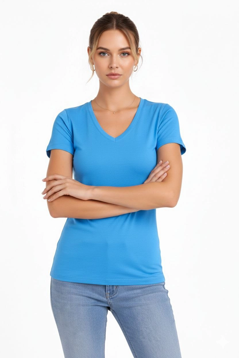 Kadın T-Shirt V Yaka Slim Fit Likralı Tişört Yazlık Basic Body – Açık Mavi