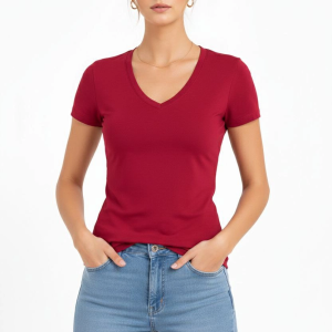 Kadın T-Shirt V Yaka Slim Fit Likralı Tişört Yazlık Basic Body – Kırmızı