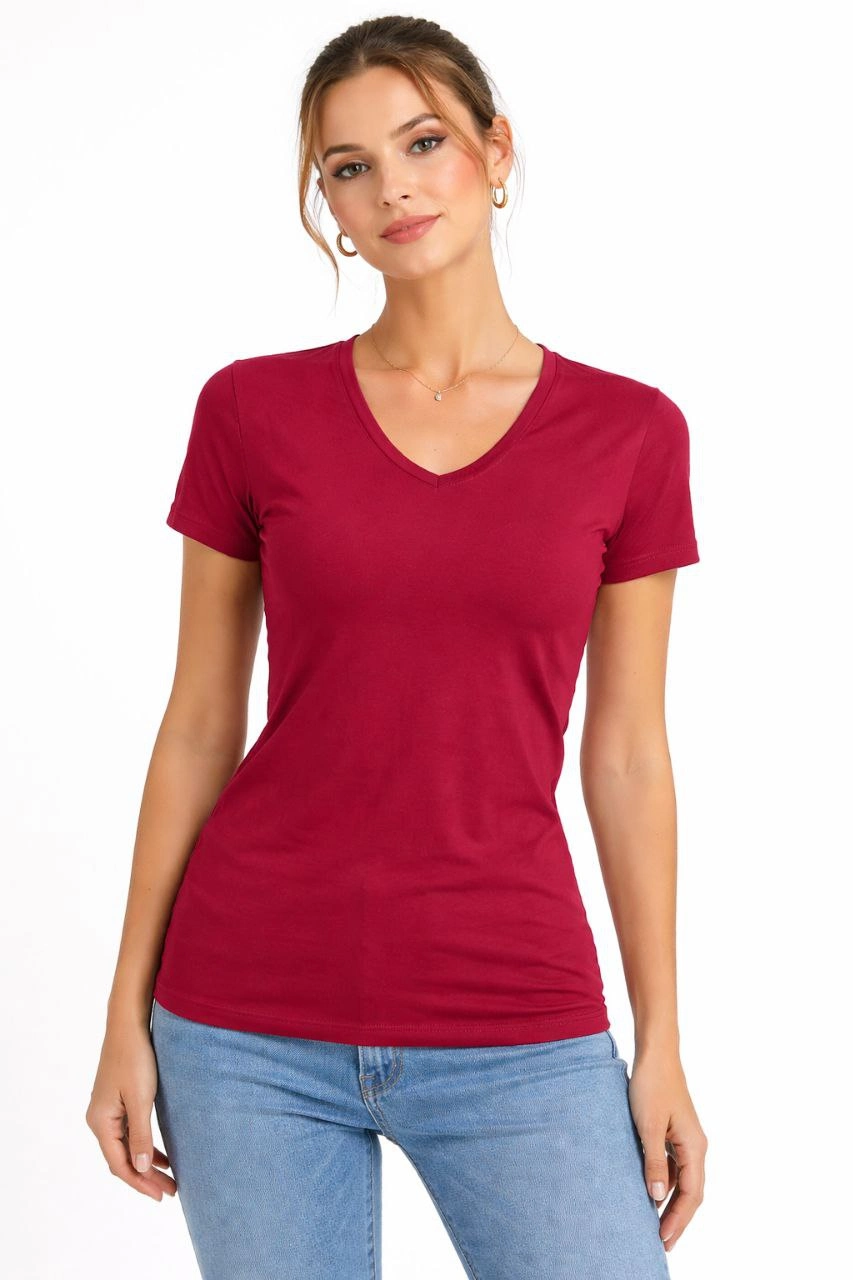 Kadın T-Shirt V Yaka Slim Fit Likralı Tişört Yazlık Basic Body – Kırmızı