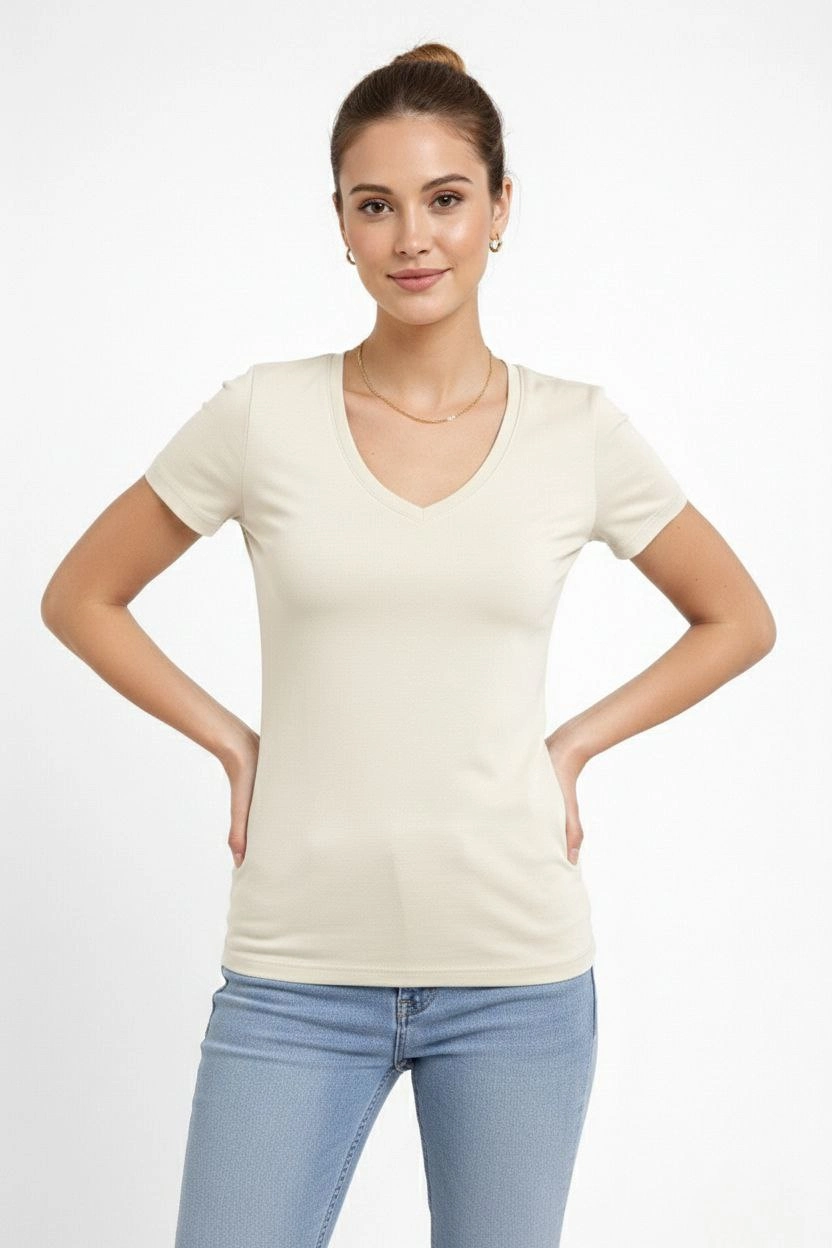 Kadın T-Shirt V Yaka Slim Fit Likralı Tişört Yazlık Basic Body – Taş