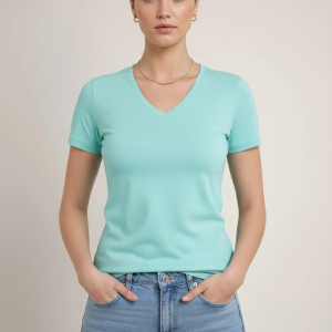 Kadın T-Shirt V Yaka Slim Fit Likralı Tişört Yazlık Basic Body – Turkuvaz