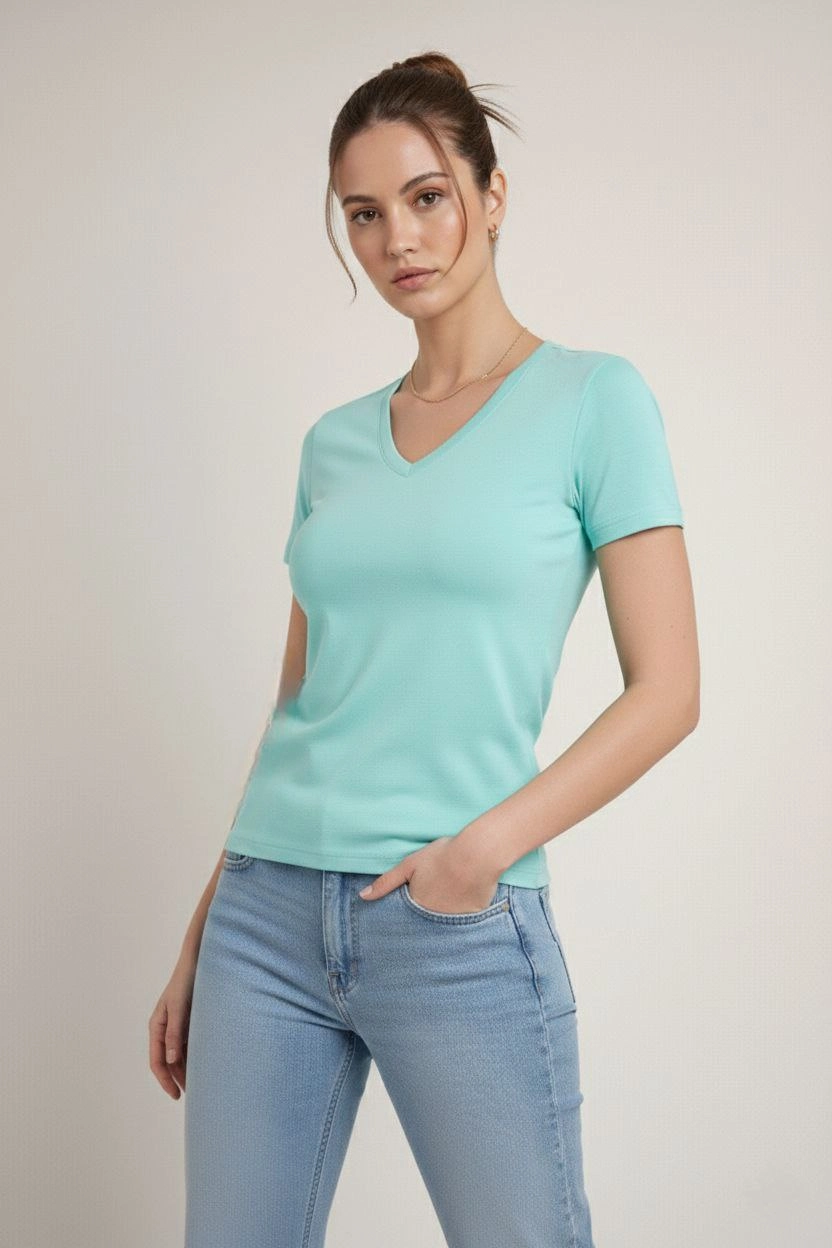Kadın T-Shirt V Yaka Slim Fit Likralı Tişört Yazlık Basic Body – Turkuvaz