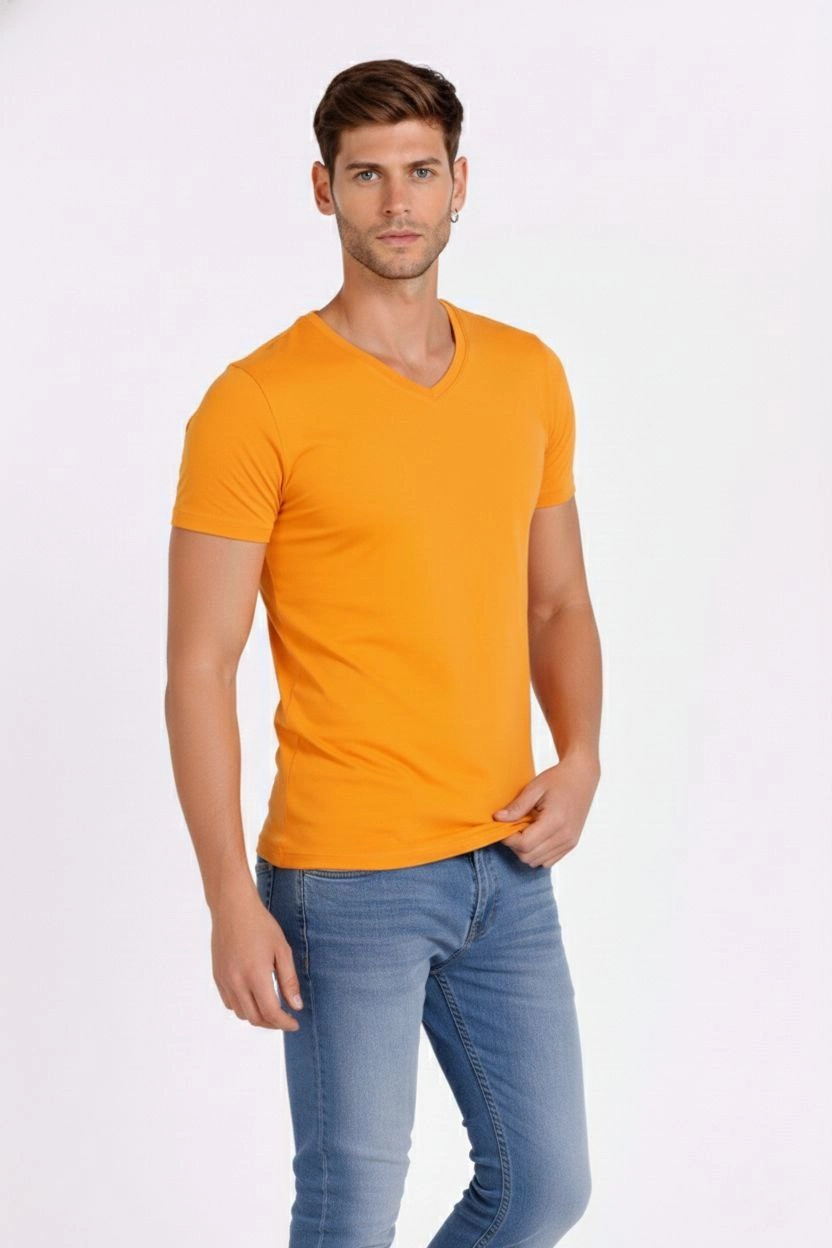 Erkek Body T-shirt V Yaka Slim Fit Likralı Kısa kol Tişört – Sarı