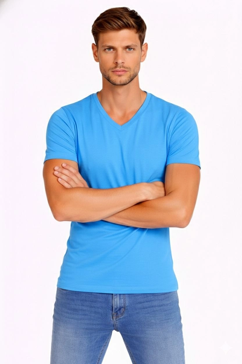 Erkek Body T-shirt V Yaka Slim Fit Likralı Kısa kol Tişört – Açık Mavi
