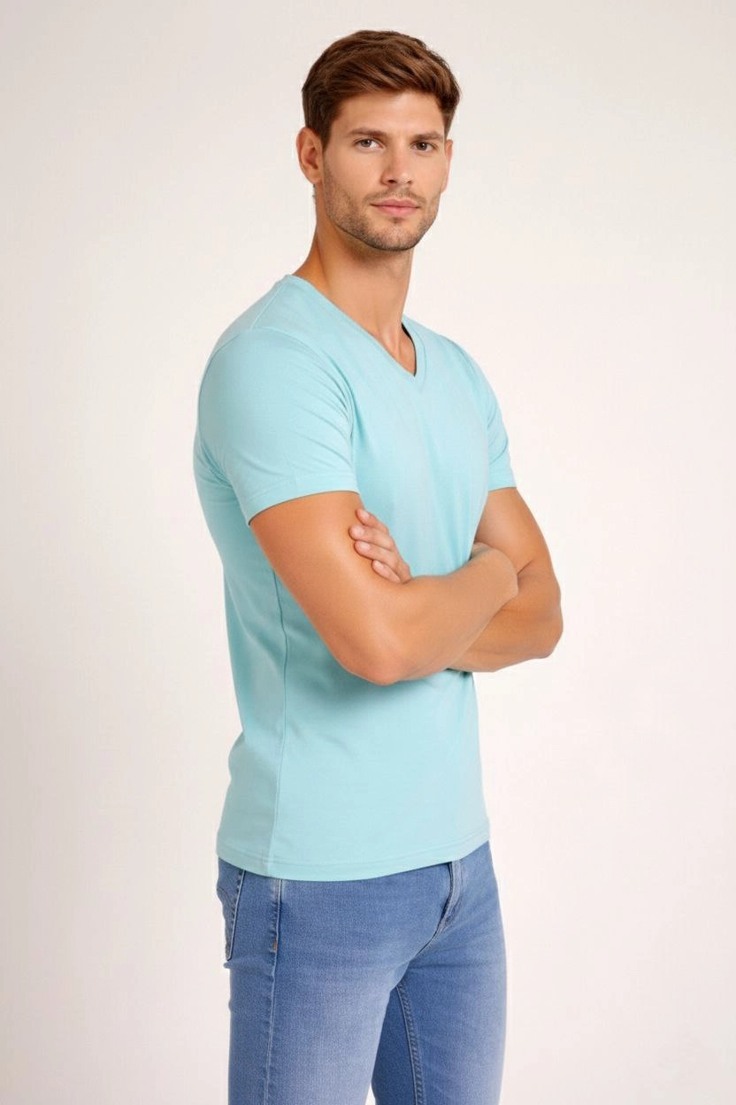 Erkek Body T-shirt V Yaka Slim Fit Likralı Kısa kol Tişört – Turkuvaz