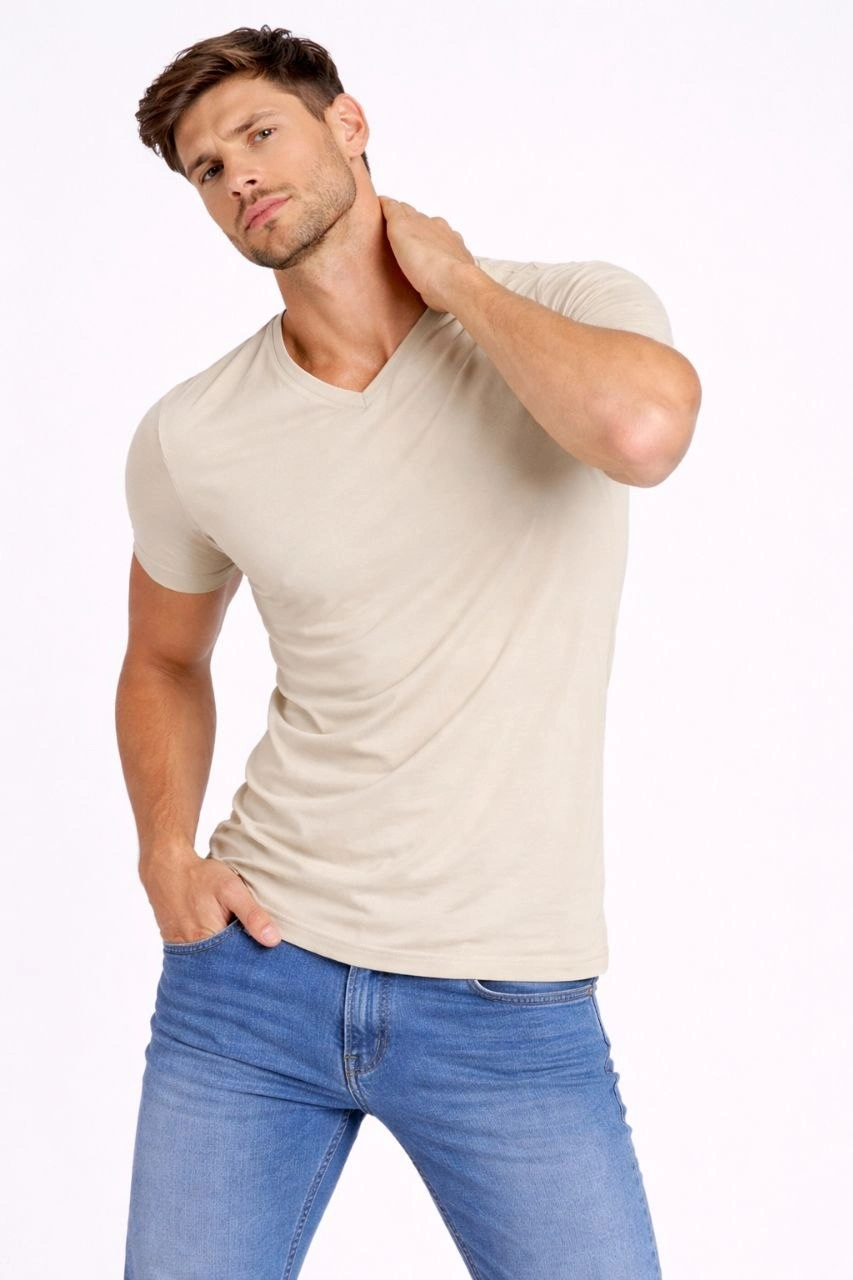 Erkek Body T-shirt V Yaka Slim Fit Likralı Kısa kol Tişört – Taş