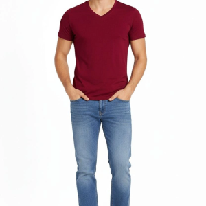 Erkek Body T-shirt V Yaka Slim Fit Likralı Kısa kol Tişört – Bordo