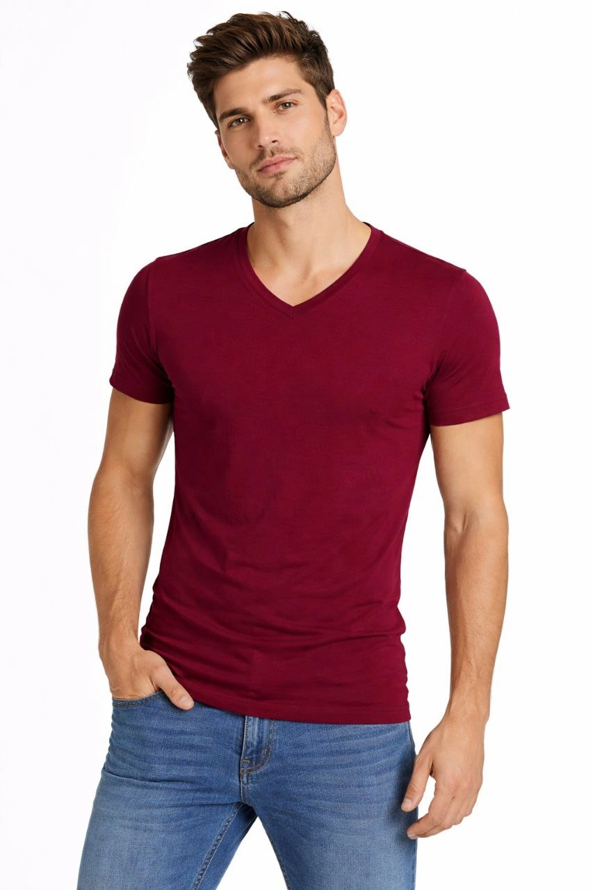Erkek Body T-shirt V Yaka Slim Fit Likralı Kısa kol Tişört – Bordo