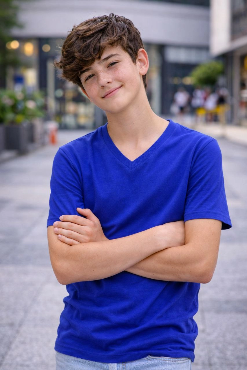 Genç Erkek Çocuk V Yaka Tişört Model – Saks Mavisi