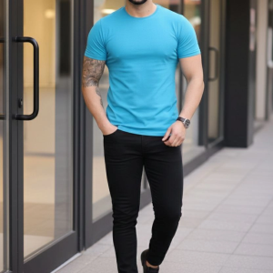 Erkek Body Tişört Bisiklet Yaka Slim Fit Likralı T-Shirt – Açık Mavi