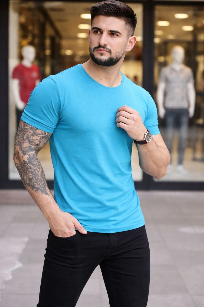 Erkek Body Tişört Bisiklet Yaka Slim Fit Likralı T-Shirt – Açık Mavi