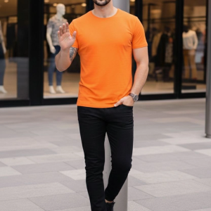 Erkek Body Tişört Bisiklet Yaka Slim Fit Likralı T-Shirt – Turuncu