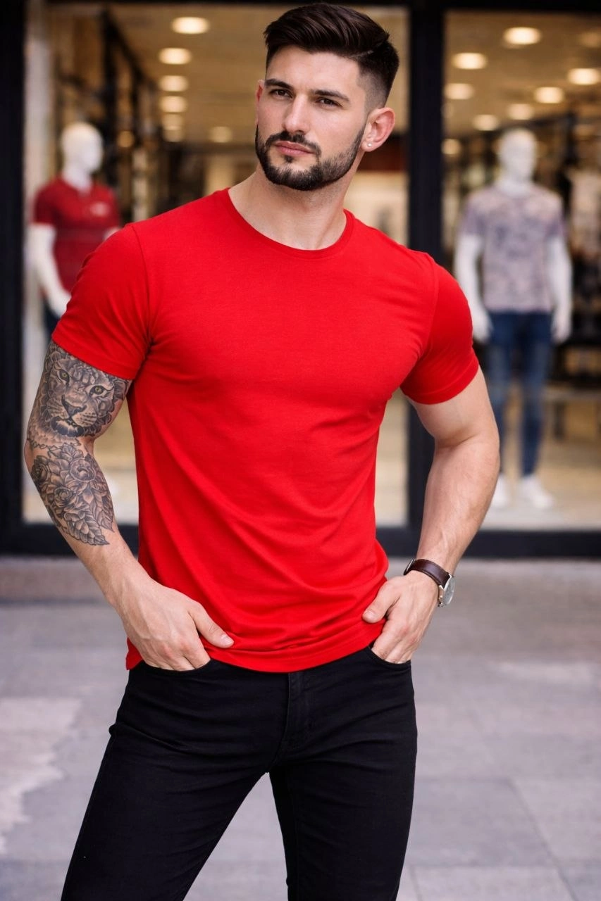 Erkek Body Tişört Bisiklet Yaka Slim Fit Likralı T-Shirt – Kırmızı