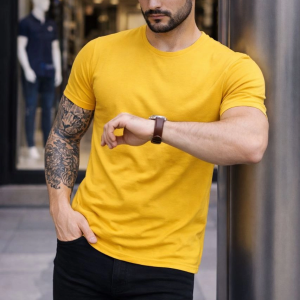 Erkek Body Tişört Bisiklet Yaka Slim Fit Likralı T-Shirt – Sarı