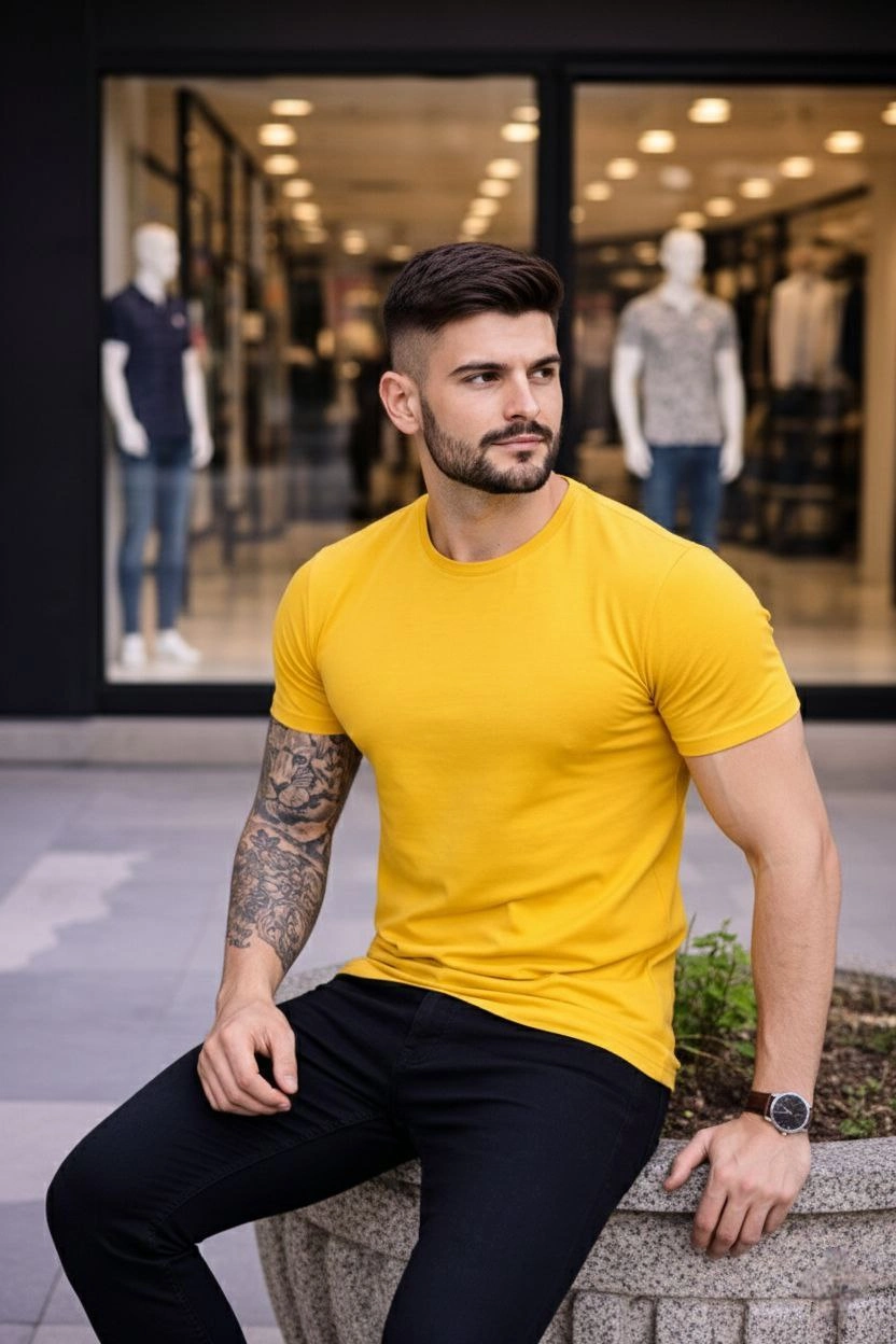 Erkek Body Tişört Bisiklet Yaka Slim Fit Likralı T-Shirt – Sarı
